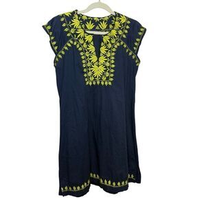 Madison Mathews Navy Tunic Dress with Green Embroidery Sz. XS